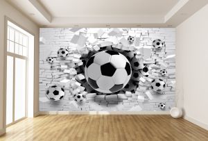 T9154 Фототапет 3D Футболна топка и тухлена стена