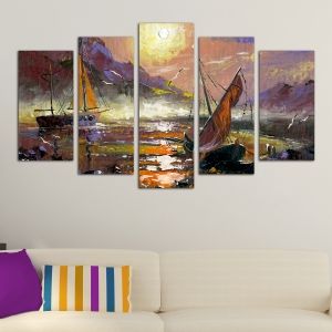 0154 Картина-пано от 5 части Морски пейзаж с лодки