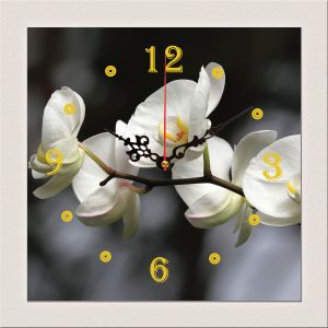 C0324_1 Стенен часовник с принт Бели орхидеи на сив фон