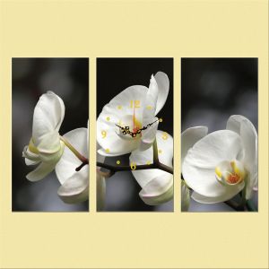 C0324_3 Clock with print 3 pieces White orchids on grey background