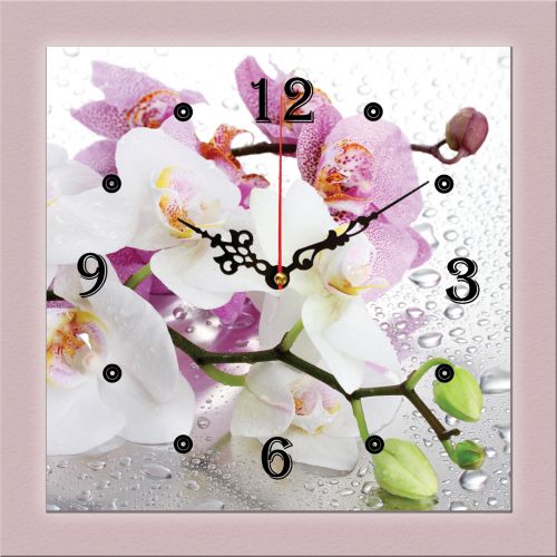 C0326_1 Стенен часовник с принт Бели и лилави орхидеи