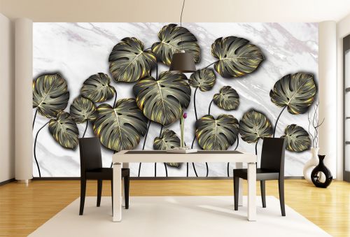 T0894 Wallpaper Tropical leaves black and gold