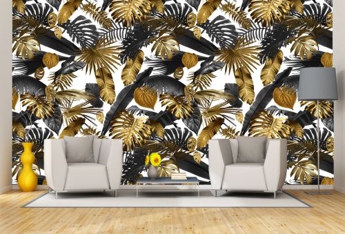T0895 Wallpaper Tropical leaves black and gold