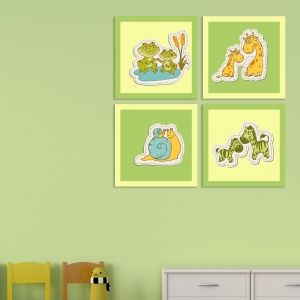0175_4 Детска картина пано от 4 части Двойки животни (зелено и жълто)