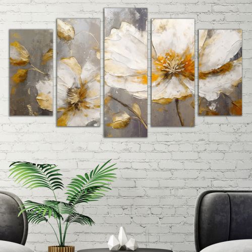 0935 Wall art decoration (set of 5 pieces) Flowers - white and gold