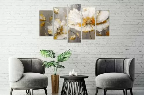 0935 Картина пано от 5 части Цветя - бяло и златно за ресторант