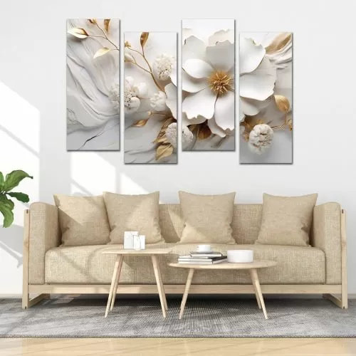 1001 Картина пано от 4 части Цветя в бяло излатно за всекидневна