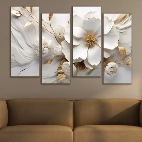 1001 Картина пано от 4 части Цветя в бяло излатно за спалня