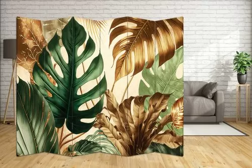 P0947 Decorative Screen Room divider Tropical leaves in green and gold (3,4,5 or 6 panels)