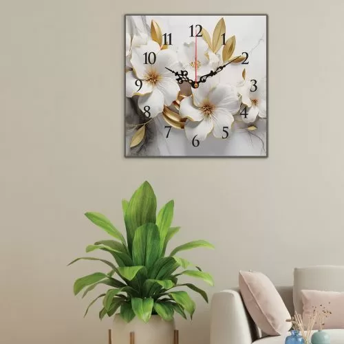 C1059_1 Стенен часовник с принт 3D Цветя в златно и бяло за спалня