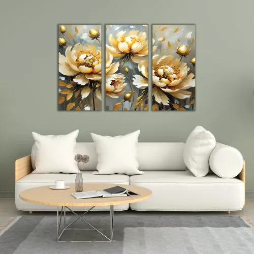 1070 Картина пано от 3 части Златисти божури за офис