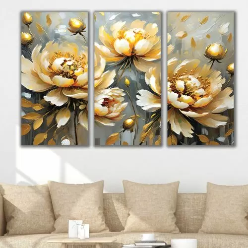 1070 Картина пано от 3 части Златисти божури за стена