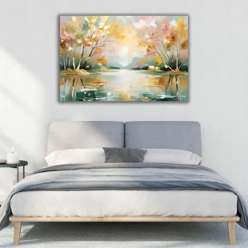 1075 Картина Абстракция с Езеро и Дървета в меки пастелни тонове за спалня