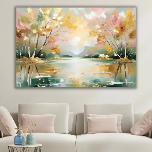 1075 Картина Абстракция с Езеро и Дървета в меки пастелни тонове за офис