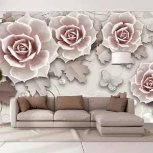 T9309 Фототапет 3D Романтични рози, перли и пеперуди 