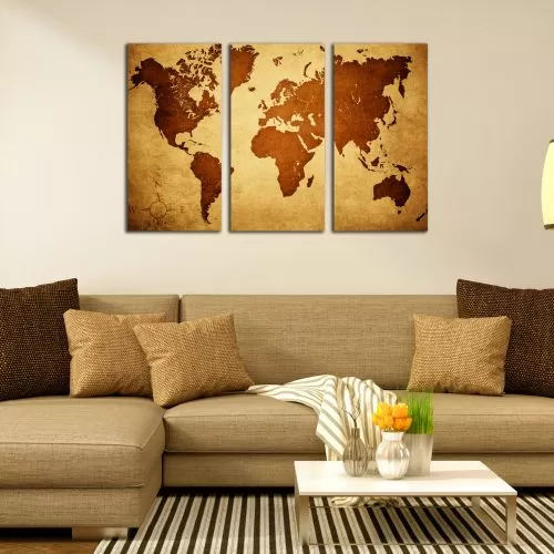 0339 Картина пано от 3 части Карта на света в кафяво за всекидневна