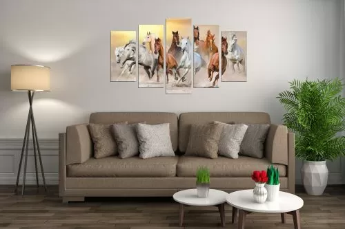 0623 Картина-пано от 5 части Диви коне за всекидневна