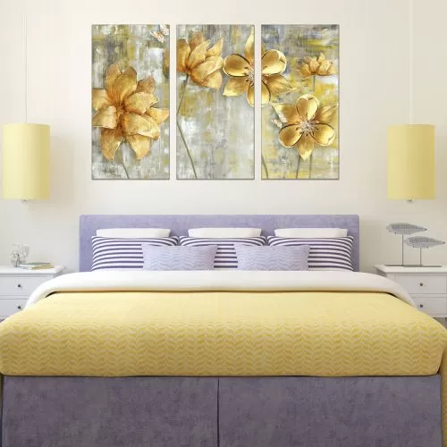 0764 Картина пано от 3 части Абстрактни златни цветя - декорация за спалня