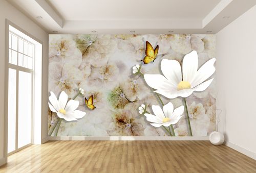 T9296 Фототапет 3D Абстракция с бели цветя