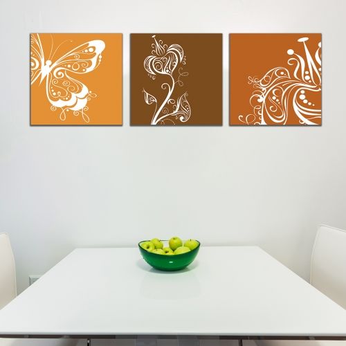 Комплект от 3 картини с флорални мотиви в кафяво и оранжево