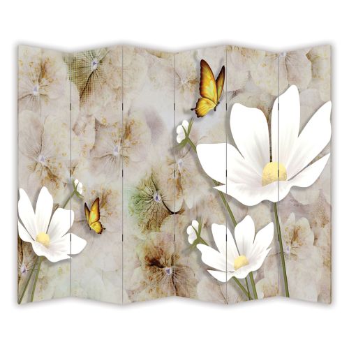 P9296 Декоративен параван 3D Абстракция с бели цветя (3, 4 , 5 или 6 части)