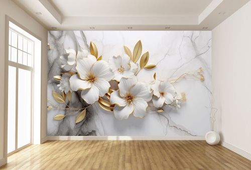 T1059 Wallpaper 3D Flowers gold and white