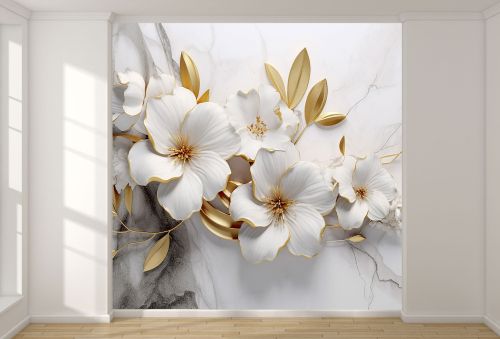 T1059 Wallpaper 3D Flowers gold and white