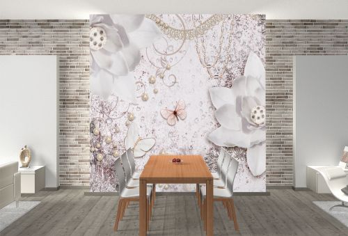 T9305 Wallpaper 3D Abstraction with white flowers, pearls and butterflies