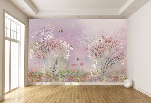 T9306 Wallpaper Spring garden with flamingos and birds