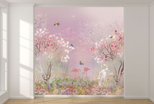 T9306 Фототапет Пролетна градина с фламинго и птици
