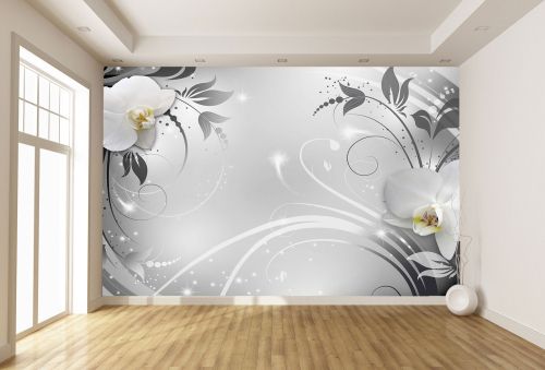 T9308 Фототапет 3D Бели орхидеи и сребристи орнаменти
