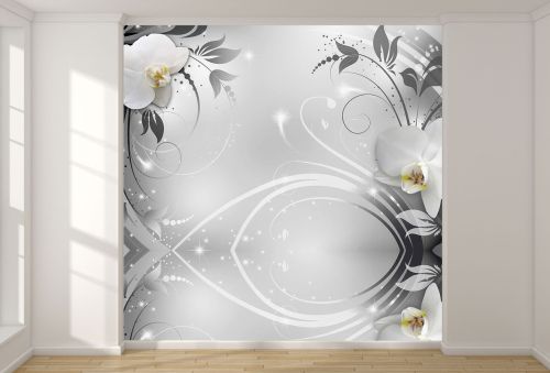T9308 Фототапет 3D Бели орхидеи и сребристи орнаменти