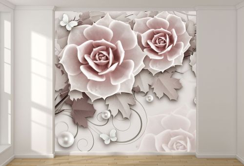 T9309 Wallpaper 3D Romantic roses, Pearls and Butterflies