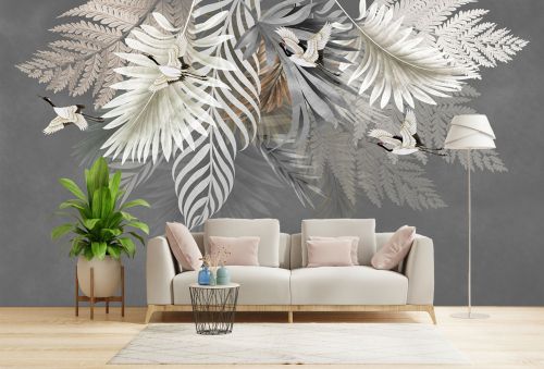 T9315 Wallpaper ropical Leaves and Cranes on Gray Background