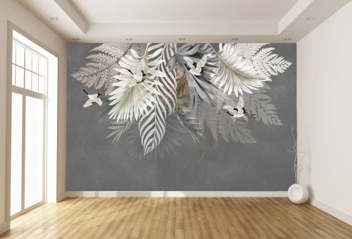 T9315 Wallpaper ropical Leaves and Cranes on Gray Background