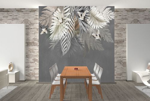 T9315 Wallpaper ropical Leaves and Cranes on Gray Background
