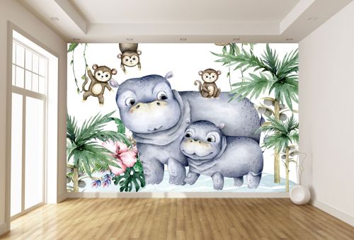 T9322 Детски фототапет Сладки хипопотами и весели маймунки в джунглата