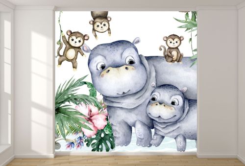 T9322 Wallpaper Cute Hippos and Monkeys in a Jungle Scene
