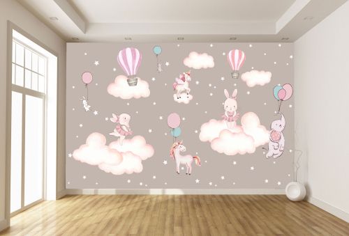 T9325 Детски фототапет Балони, зайчета, еднорози и облачета за детска занималня