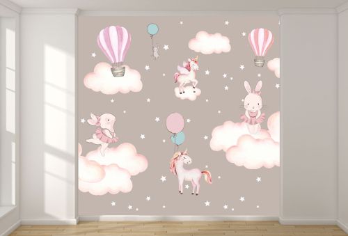 T9325 Детски фототапет Балони, зайчета, еднорози и облачета