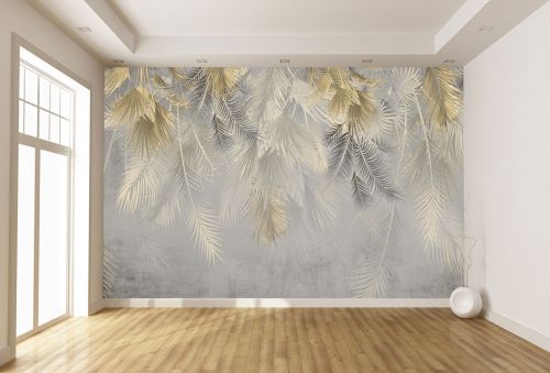 T9326 Wallpaper Tropical leaves in gold and gray