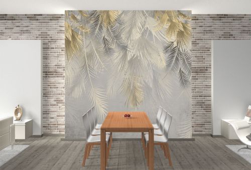 T9326 Wallpaper Tropical leaves in gold and gray