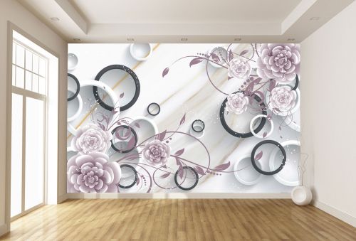 T9329 Wallpaper 3D Abstraction with flowers and circles