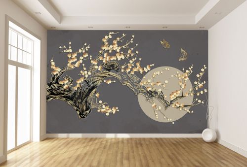 T9332 Wallpaper 3D Abstraction with flowers and circles