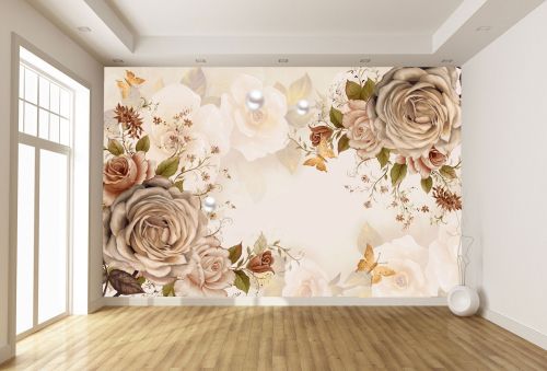 T9339 Wallpaper Roses in warm shades and delicate butterflies