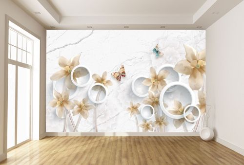 T9340 Wallpaper 3D Flowers and butterflies on a marble background