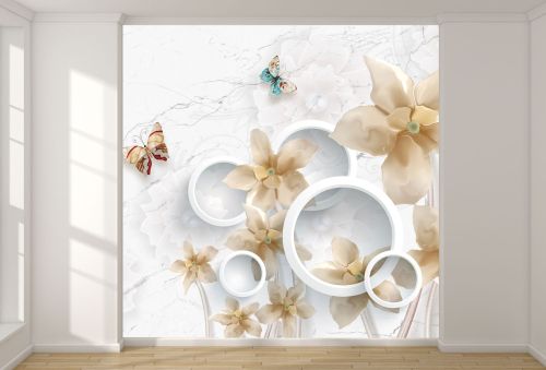 T9340 Wallpaper 3D Flowers and butterflies on a marble background