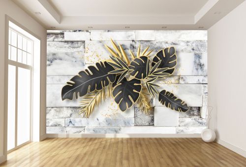 T9346 Фототапет Златни и черни листа върху мраморен фон
