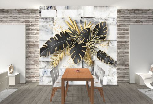 T9346 Wallpaper Gold and black leaves on a marble background