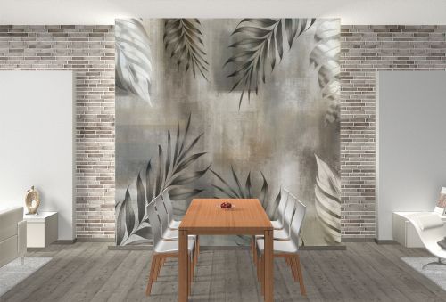 T9348 Wallpaper Leaves in soft gray and earth tones